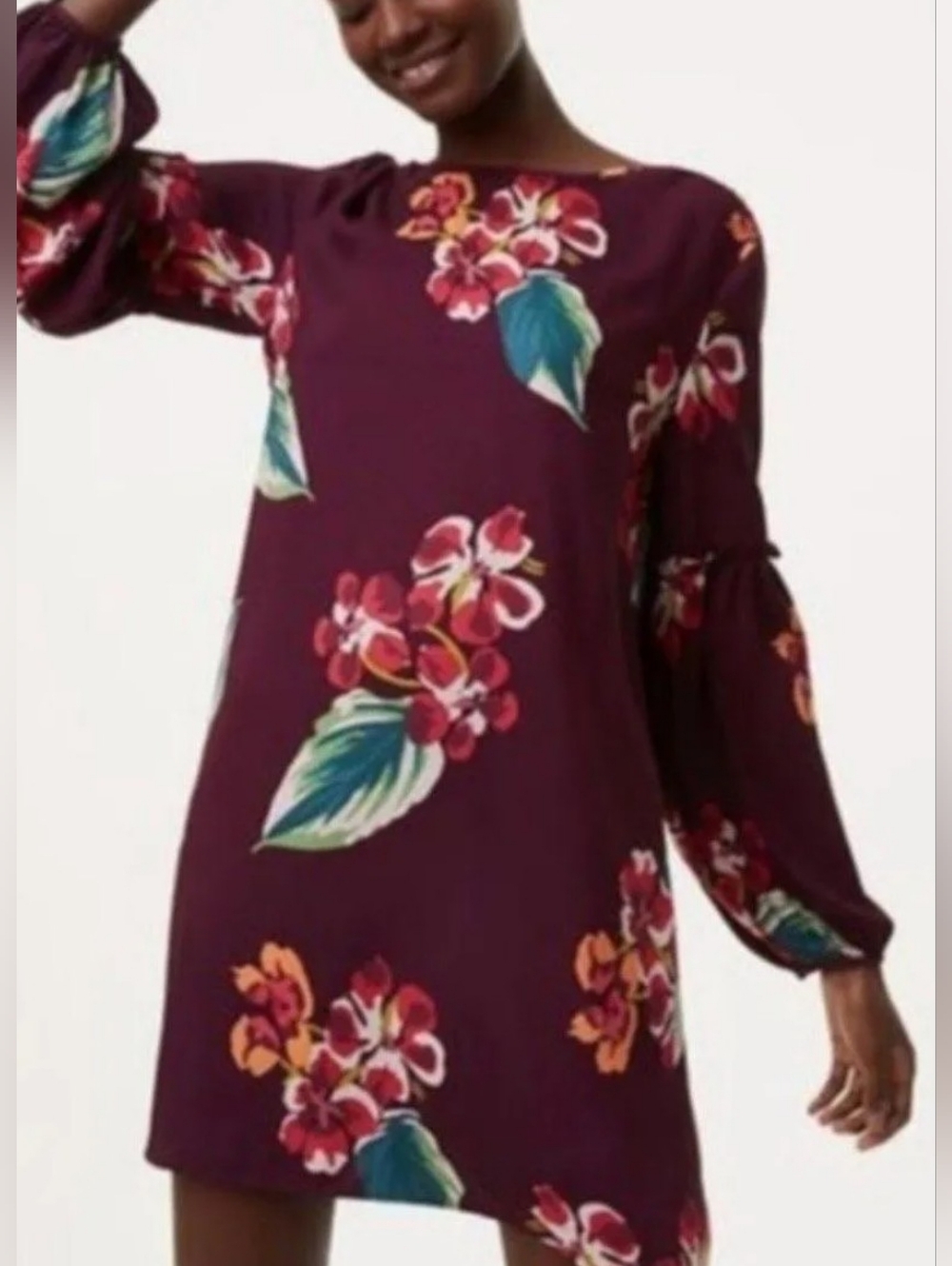 LOFT Plum Floral Long-Sleeve Shift Dress